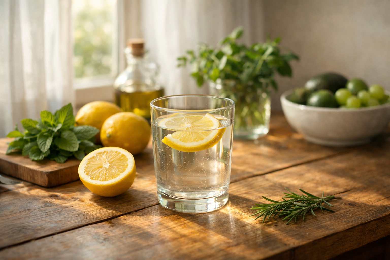 A serene morning scene with a glass of water with lemon on a wooden table, soft natural light coming through a window, fresh herbs and fruits in the background, wellness lifestyle photography style
