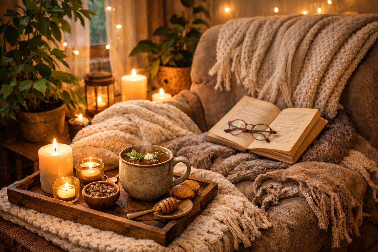 A cozy reading corner with soft blankets, a cup of herbal tea, candles, and plants, warm ambient lighting, hygge lifestyle aesthetic, relaxation and self-care concept